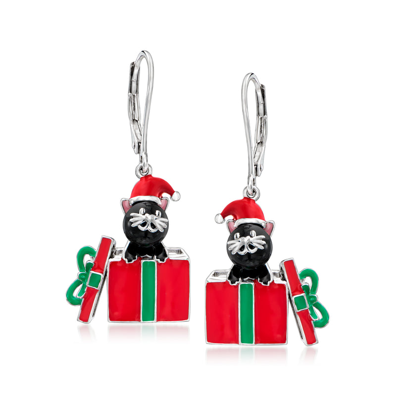 Sterling silver drop earrings with black cat charm, red/green gift box, leverback hooks