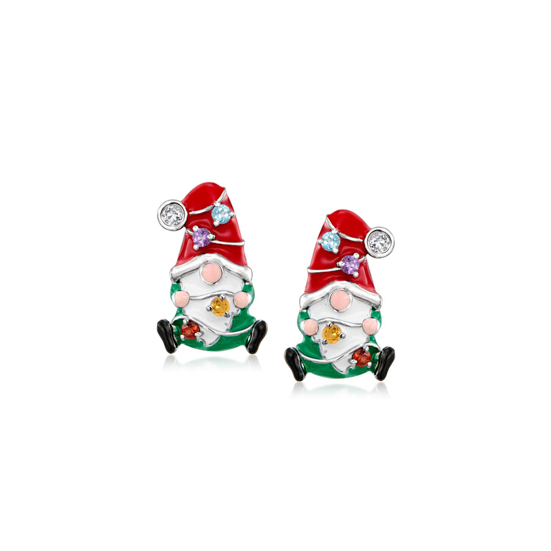 Multicolored enamel gnome stud earrings in sterling silver with gemstone accents