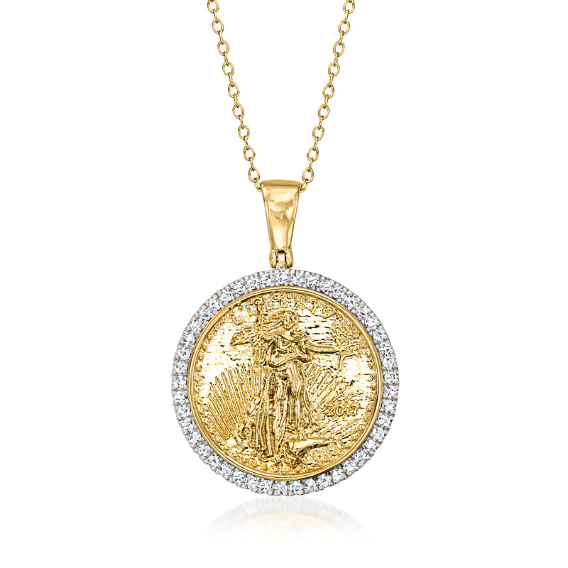 Gold-tone coin pendant necklace with round rhinestone border and dangling chain