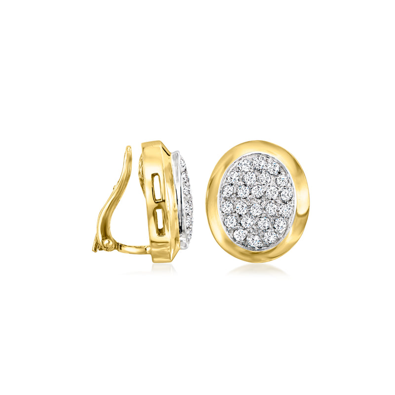 Oval diamond clip earrings in 18kt yellow gold, open clip backing visible