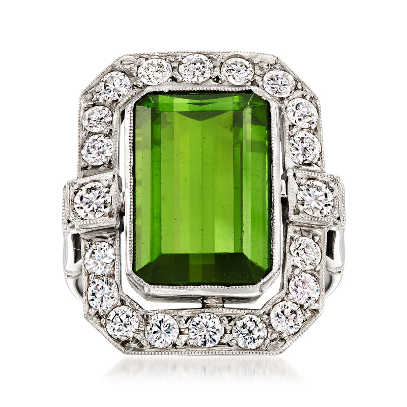 Platinum cocktail ring with rectangular green tourmaline and diamond halo