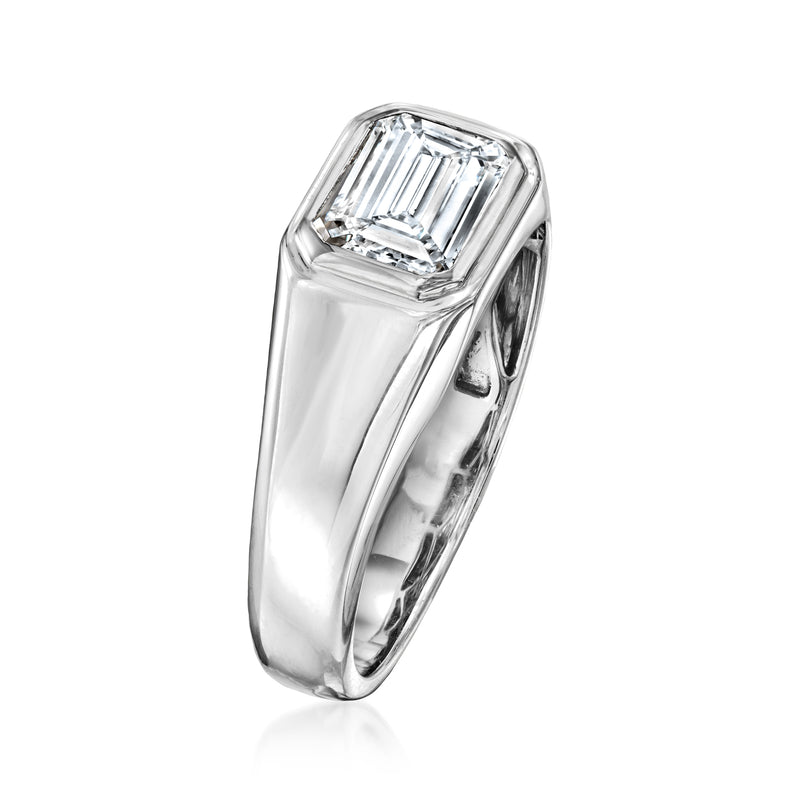 Men's emerald-cut lab-grown diamond ring in 14kt white gold, side view with rectangular stone