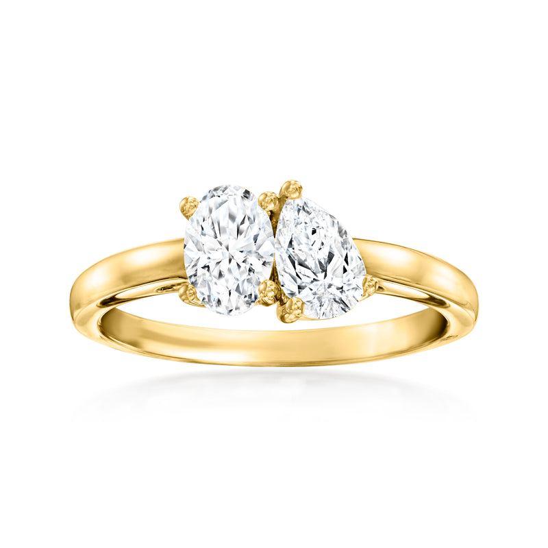 Gold toi et moi ring with two large clear diamonds on an 18kt gold over sterling band