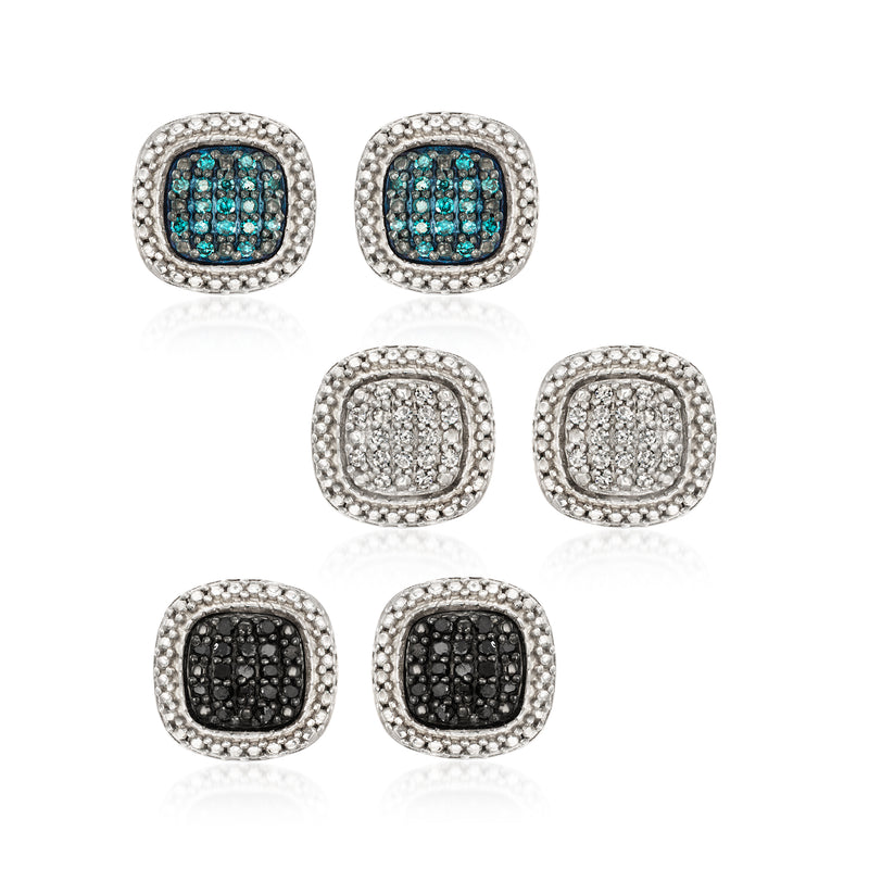 Three pairs of sterling silver stud earrings with pave stones: blue, white, black.