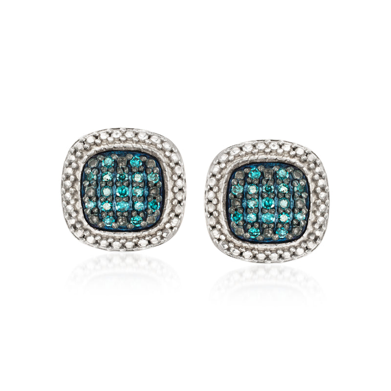 Sterling silver stud earrings with turquoise-blue pave center and sparkling border.