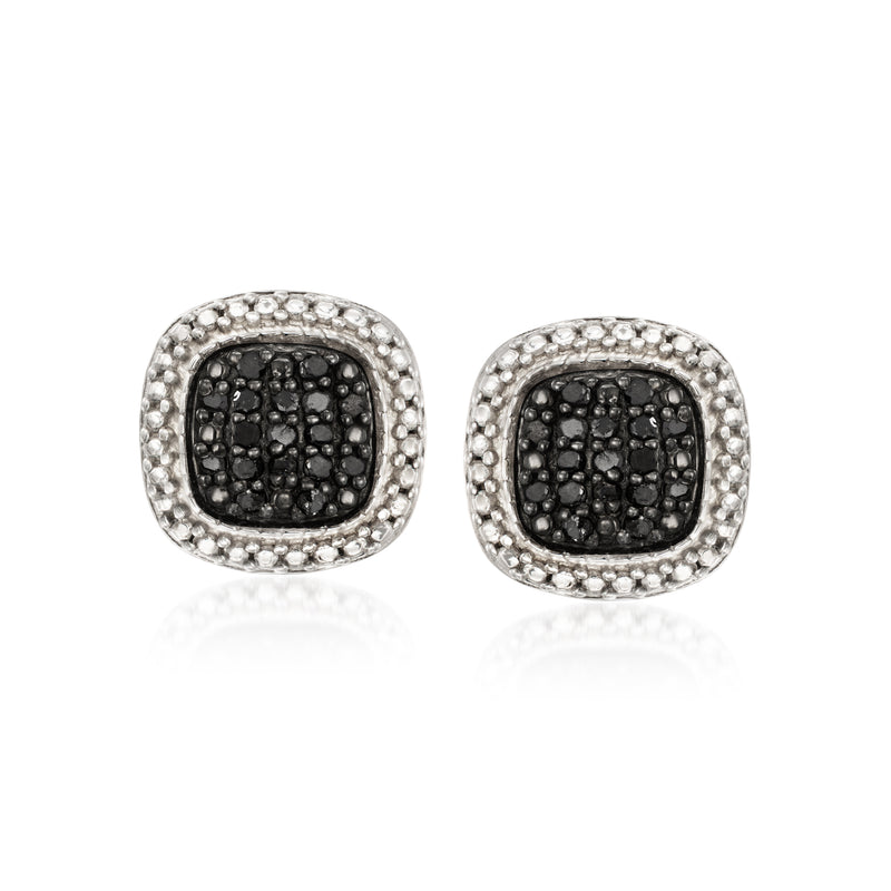 Sterling silver stud earrings with black pave center and diamond halo border.