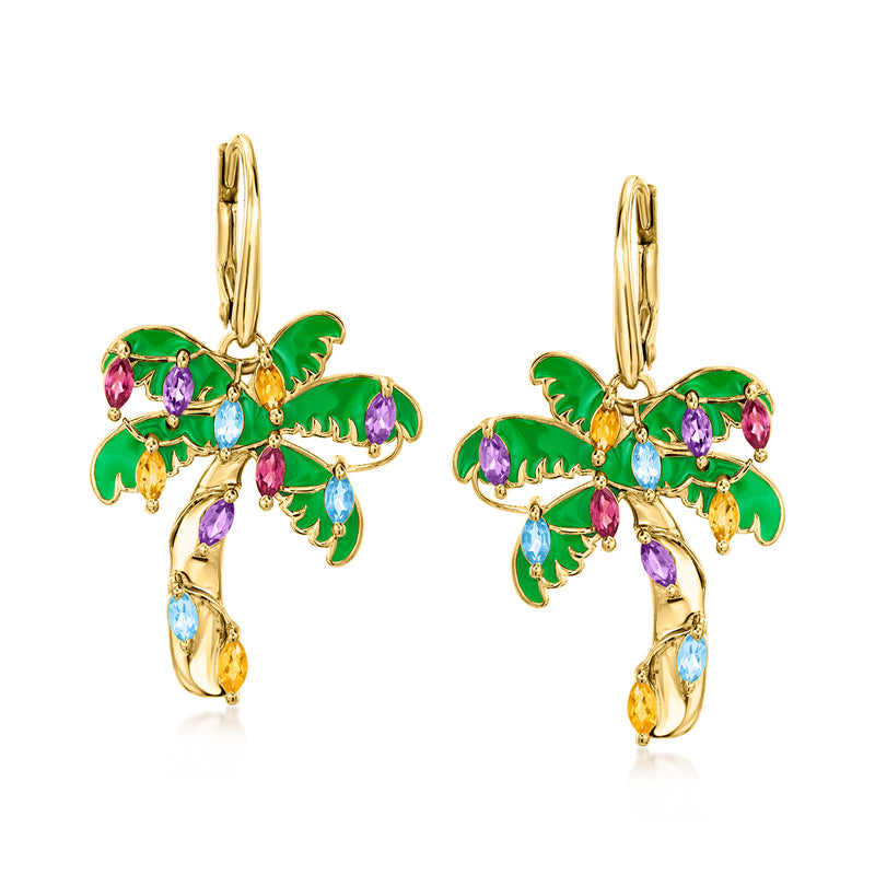 Gold-tone drop earrings with green enamel palm leaves and purple, blue, and yellow stones