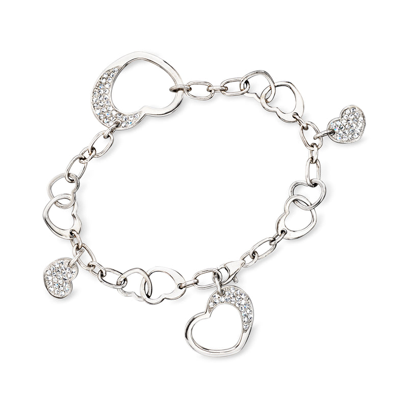 14kt white gold heart-link diamond bracelet with multiple small heart charms