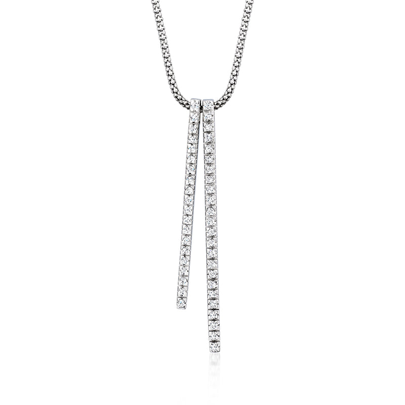 Diamond bar pendant necklace in white gold with two long dangling bars