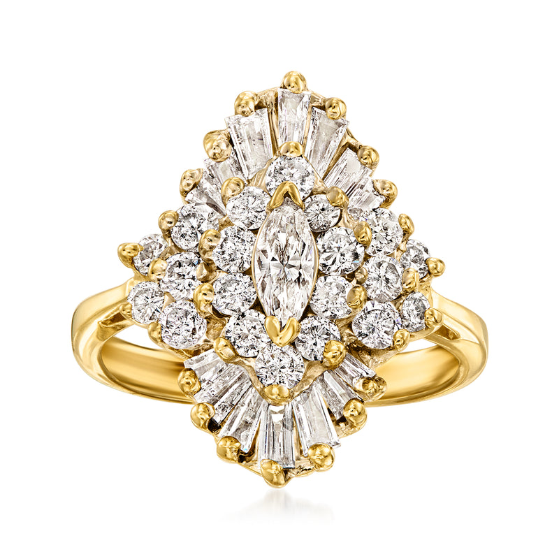 14kt yellow gold diamond cluster ring with oval center and marquise accents