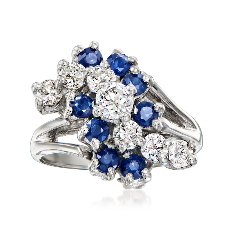 Vintage diamond and sapphire cluster ring in white gold, blue and clear round stones