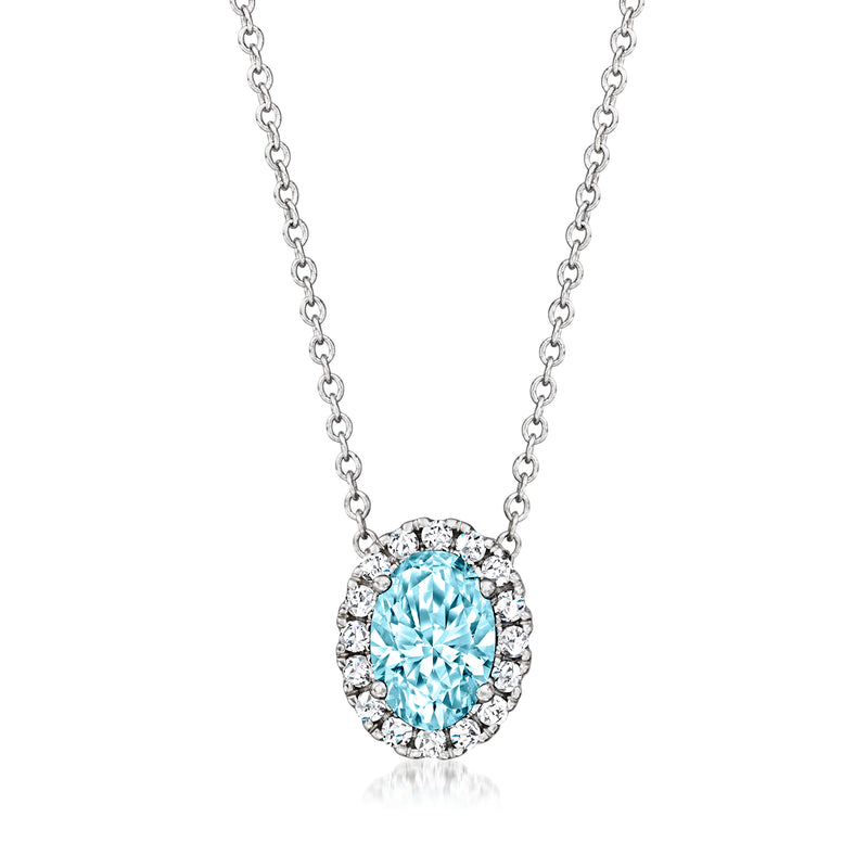 Blue lab-grown diamond pendant necklace with halo and 14kt white gold chain