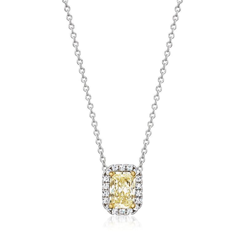 14kt white gold pendant necklace with cushion-cut yellow lab diamond and white diamond halo
