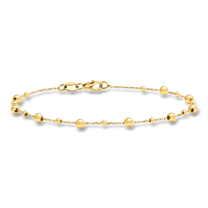 Yellow gold bead station bracelet with round ball stations, linked chain and clasp