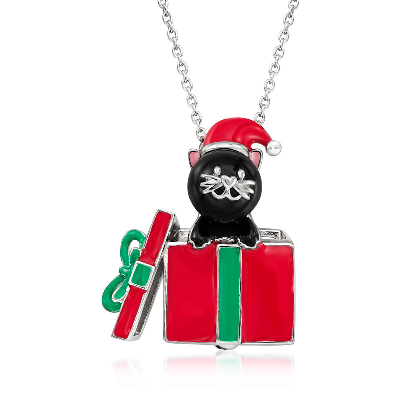 Cat pendant necklace with black bead head, red hat, multicolor enamel gift boxes