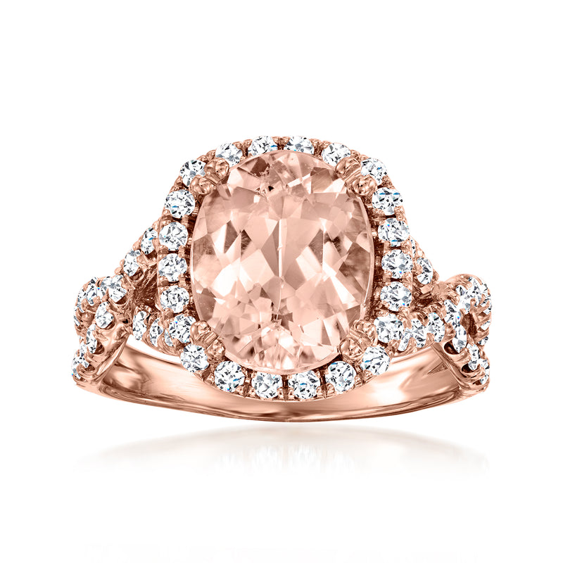 Oval morganite center with round diamond halo, rose gold vintage ring
