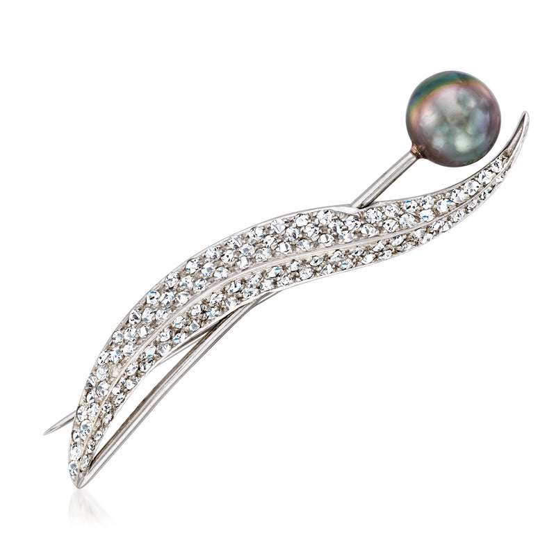 Curved diamond pin with black Tahitian pearl in white gold