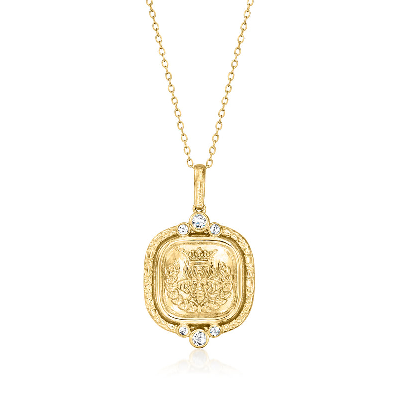 Gold pendant necklace with square bee medallion and round diamond-like stones