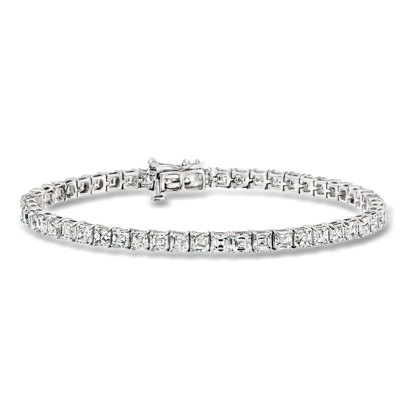 Asscher-cut diamond tennis bracelet in 14kt white gold with hinged clasp