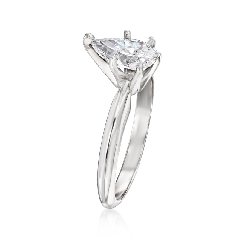 Diamond solitaire ring with pear-shaped center stone and split prong band, white gold