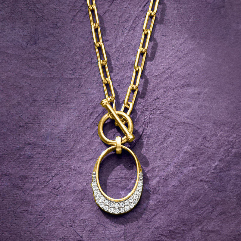 Gold oval toggle necklace with pave diamond pendant and chunky link chain