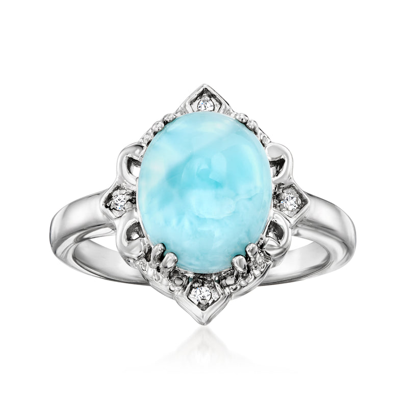Sterling silver ring with oval sky-blue larimar gemstone and diamond accents
