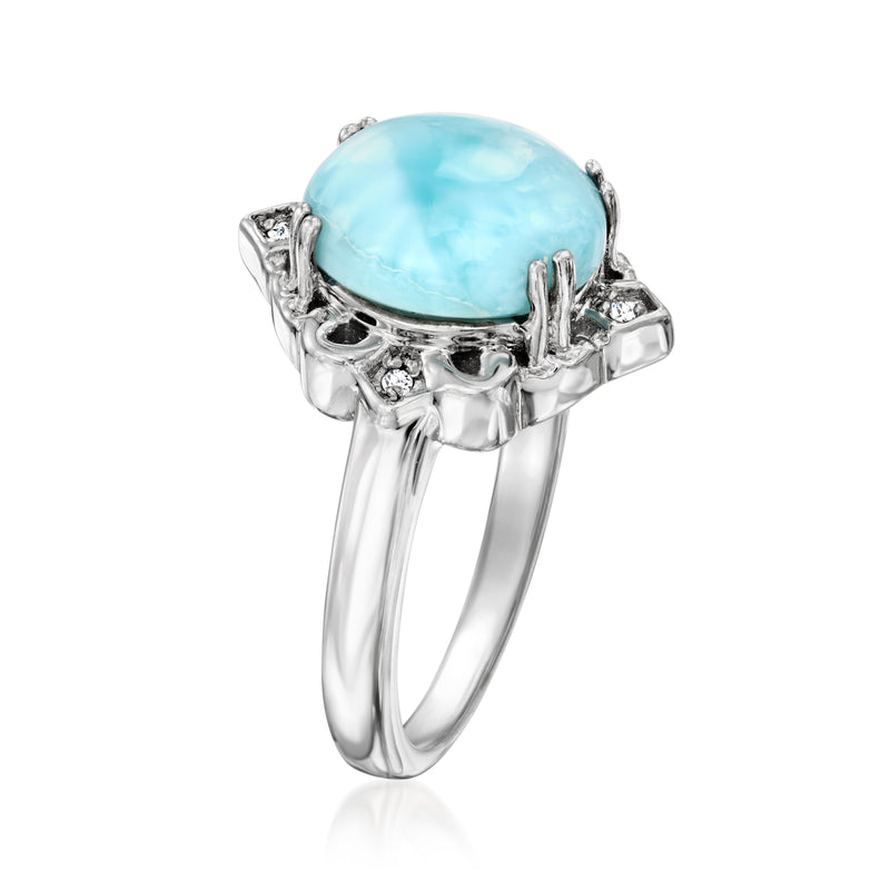Sterling silver ring with oval blue larimar stone, prong-set with diamond halo