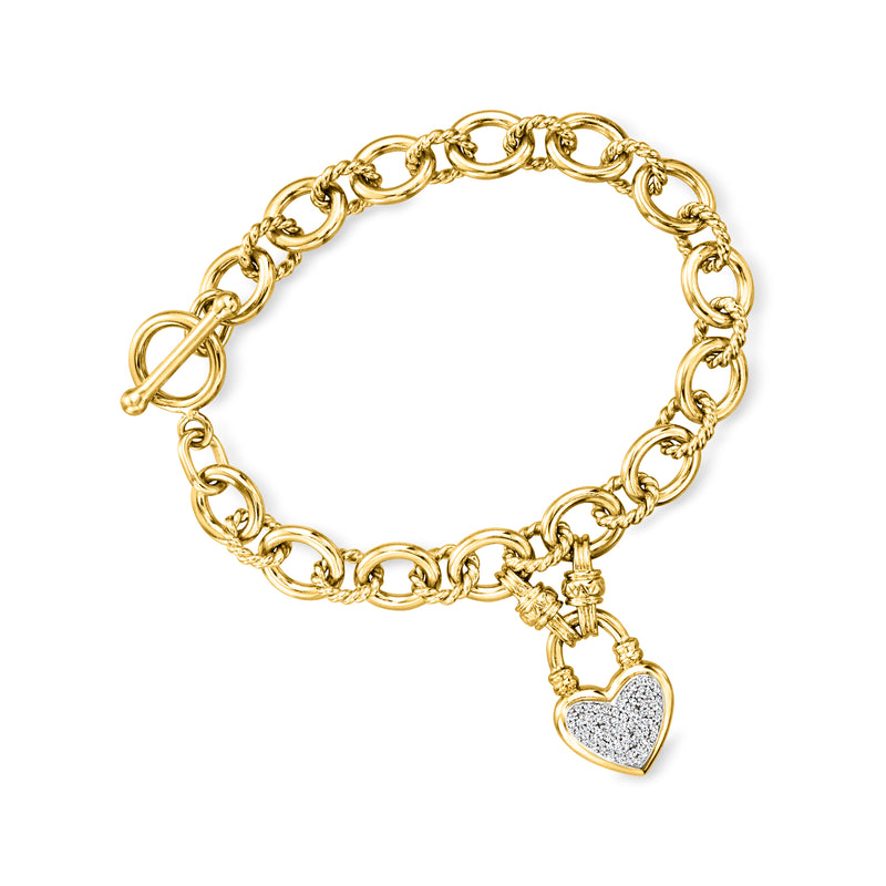 Gold heart lock toggle bracelet with heart charm and diamond-like stone accents