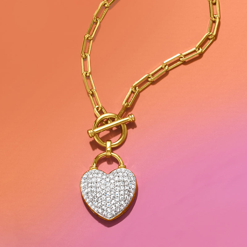 Gold link necklace with diamond pave heart lock toggle pendant