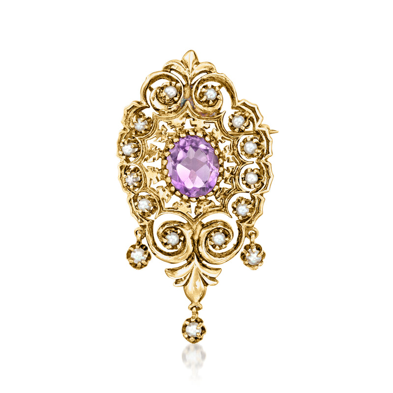 14kt yellow gold vintage pin with oval amethyst center and pearl-like accents