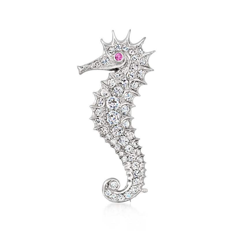 Platinum seahorse diamond pin with pink ruby accent