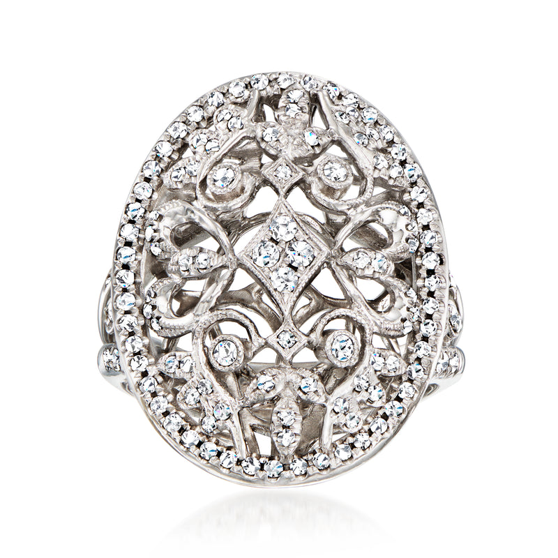 18kt white gold openwork diamond ring with round stones, oval top