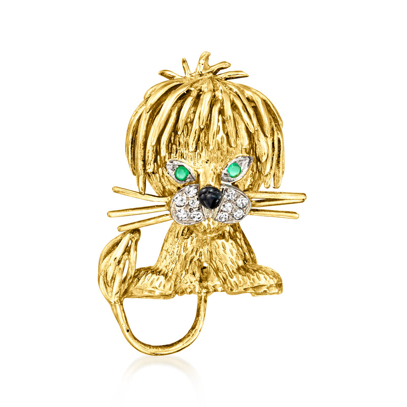 Vintage 18kt yellow gold lion pin with green and black stones, diamond accents