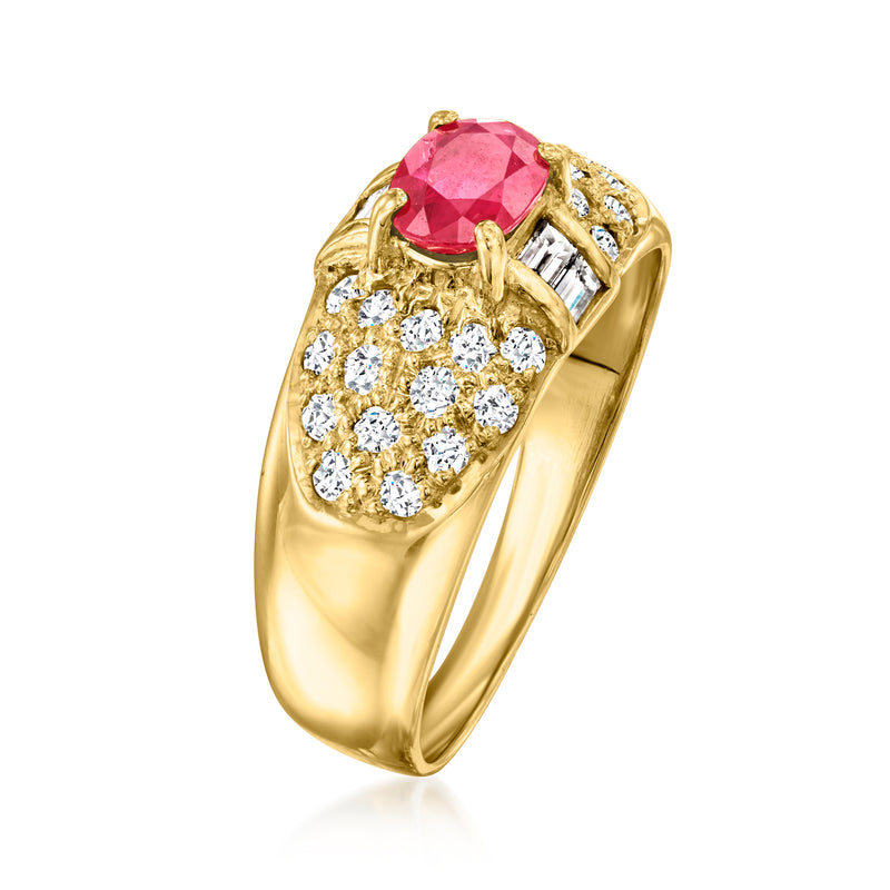 Yellow gold ring side view with oval red gemstone and diamond cluster halo