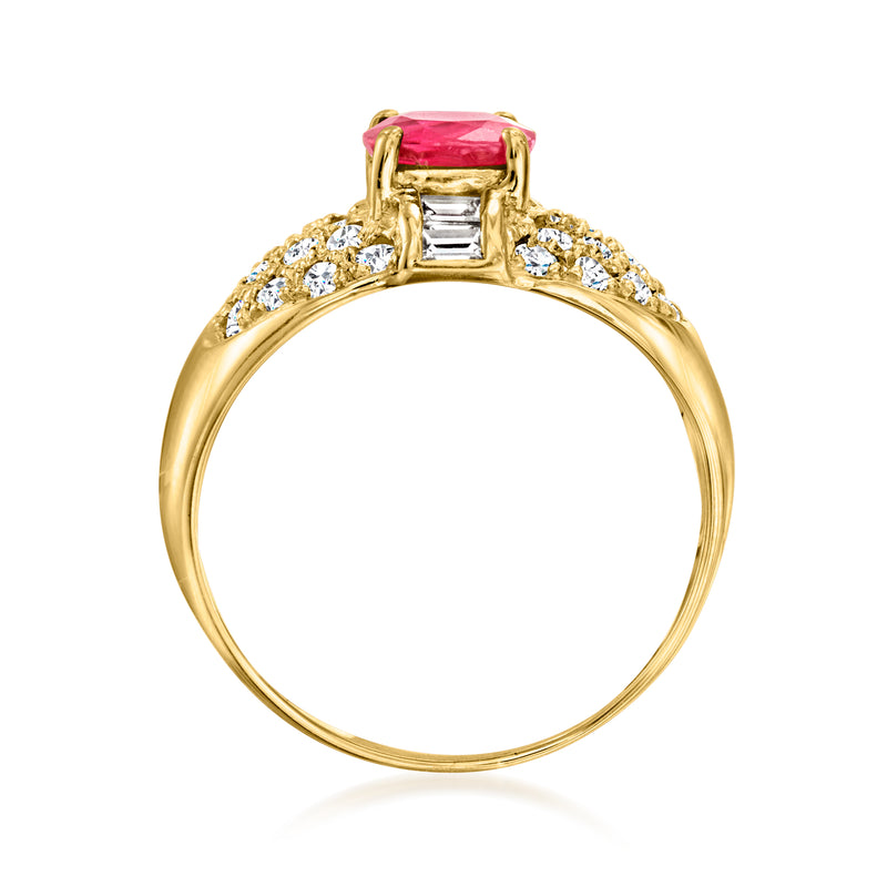 Yellow gold ring top view with red gemstone in square prong setting and diamonds