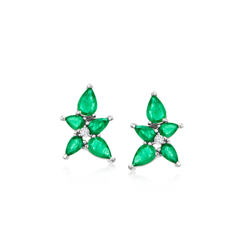 Emerald green starburst stud earrings with diamond accents in white gold, post style