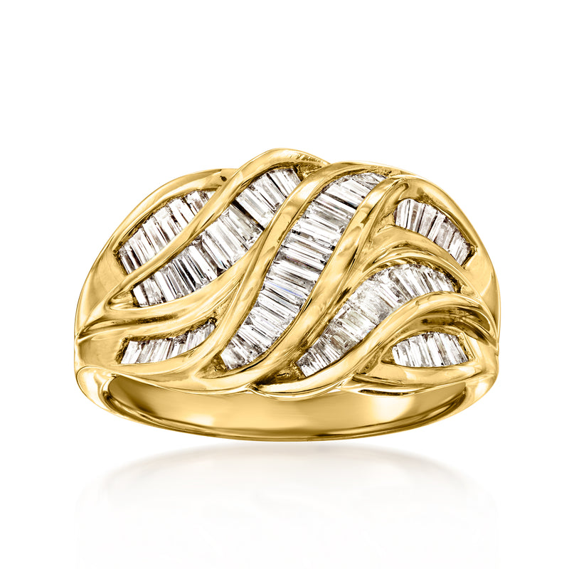14kt yellow gold baguette diamond wave ring with angled channel-set stones