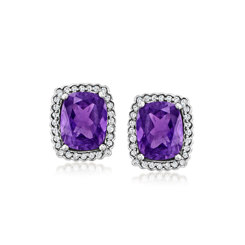 Amethyst and diamond cushion-cut stud earrings in white gold