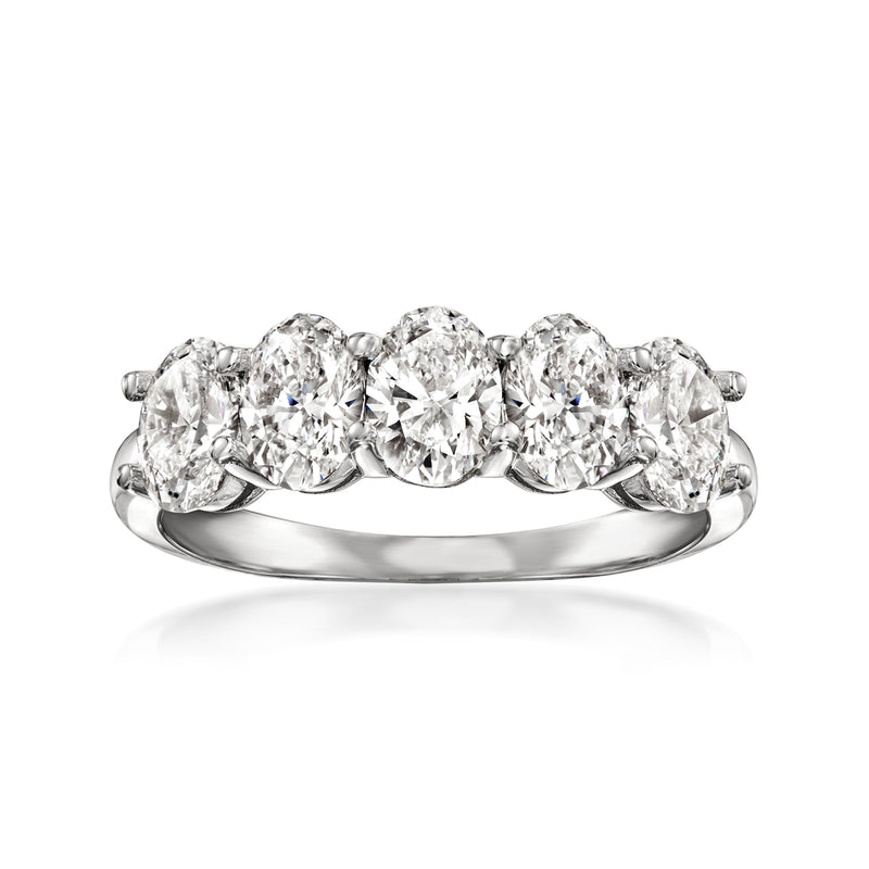 White gold five-stone diamond ring with five round-cut stones and prong settings