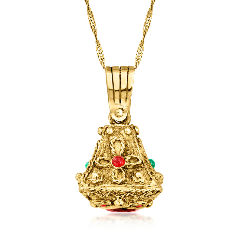 10kt yellow gold pendant necklace with ornate garnet and green red gemstone drops