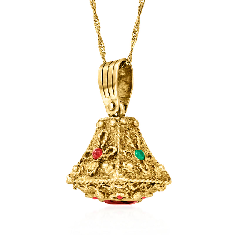 10kt yellow gold pendant necklace with textured top and red and green gemstone accents