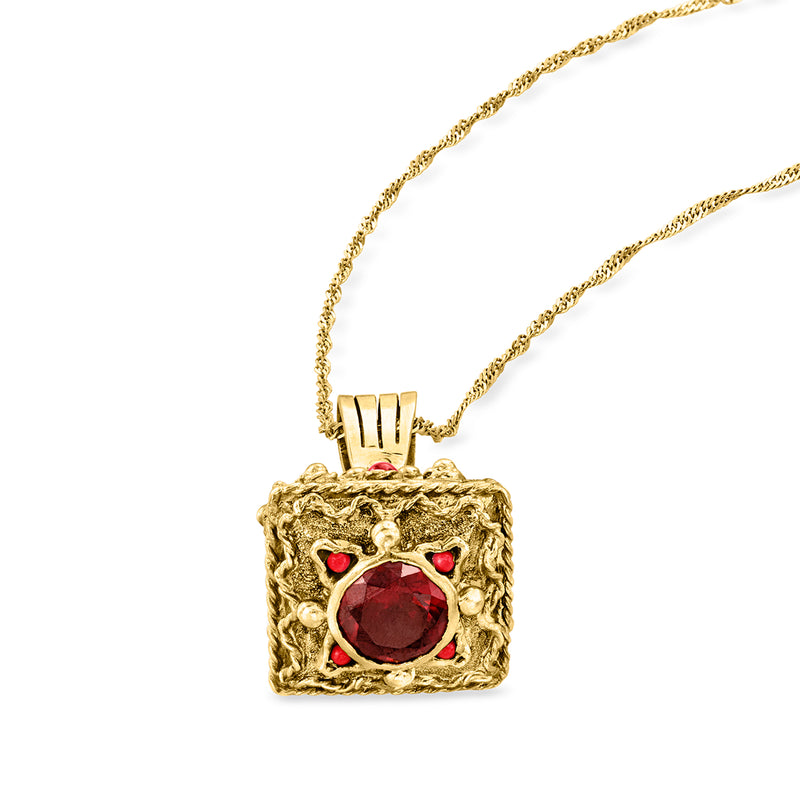 10kt yellow gold pendant necklace with square frame garnet centerpiece and small red stones