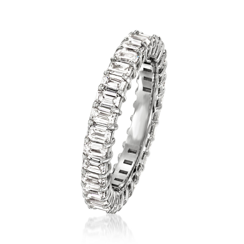 Side view of 14kt white gold eternity band with emerald-cut diamond row settings