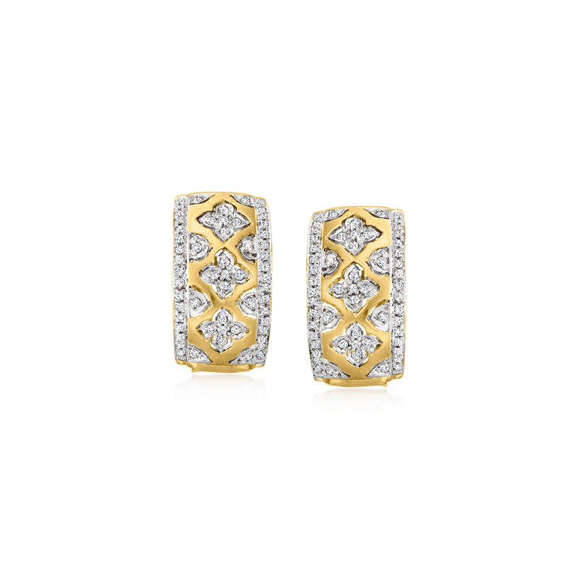 Curved 18kt yellow gold diamond earrings with five marquise-style stones in a rectangle