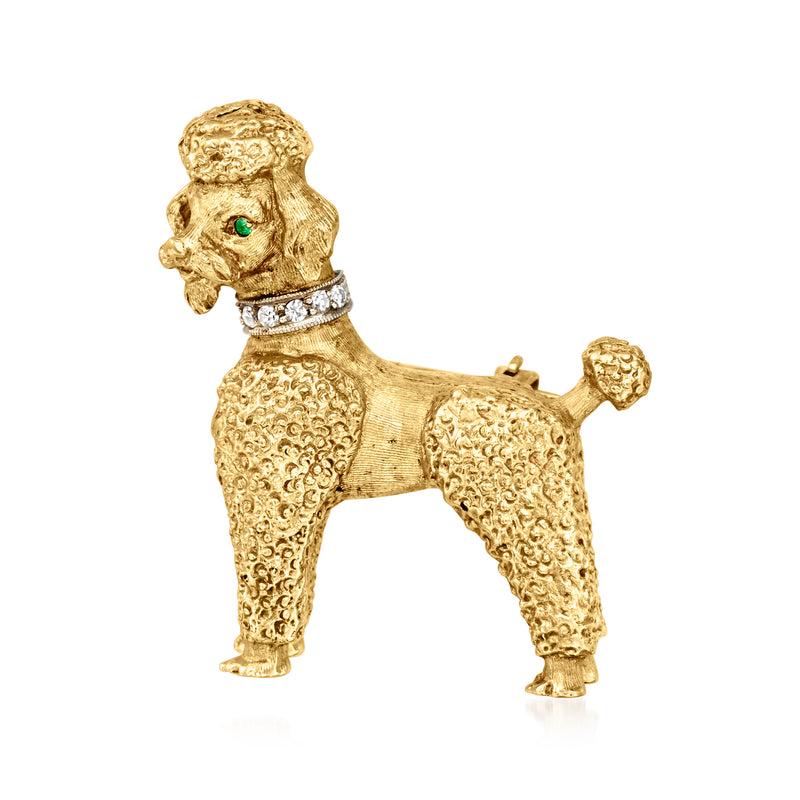 Vintage gold poodle pin with green eyes and diamond-studded collar