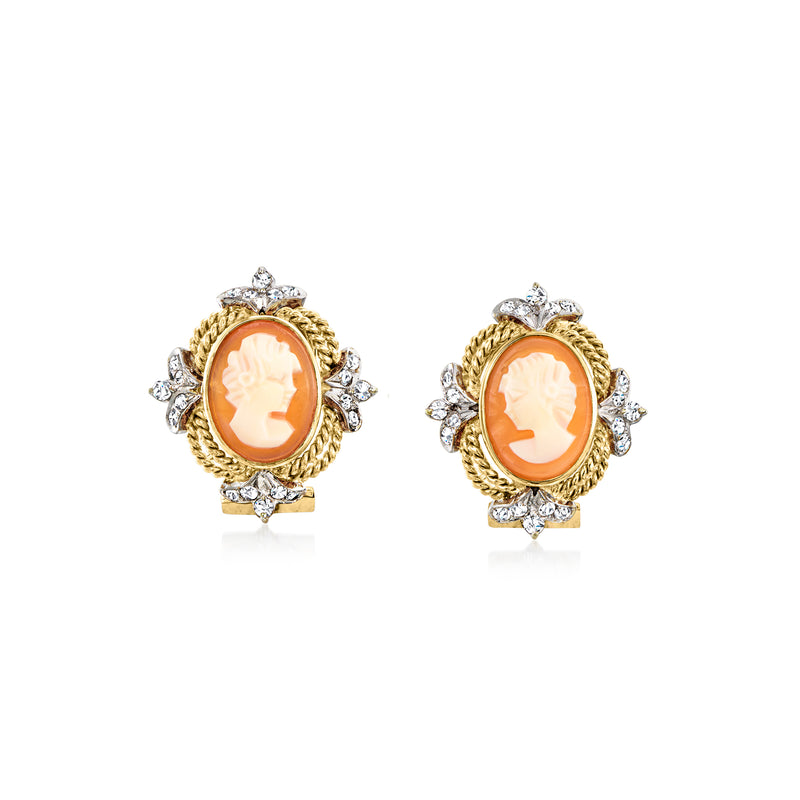 Orange shell cameo earrings in 14kt yellow gold with diamond-like halo settings