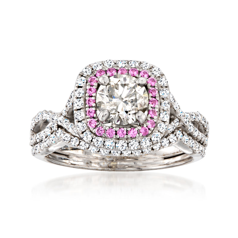 14kt white gold vintage diamond ring with pink sapphire halo and oval center stone