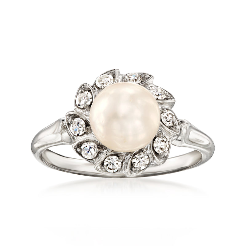 Vintage white gold ring with round cultured pearl and sparkling diamond accents
