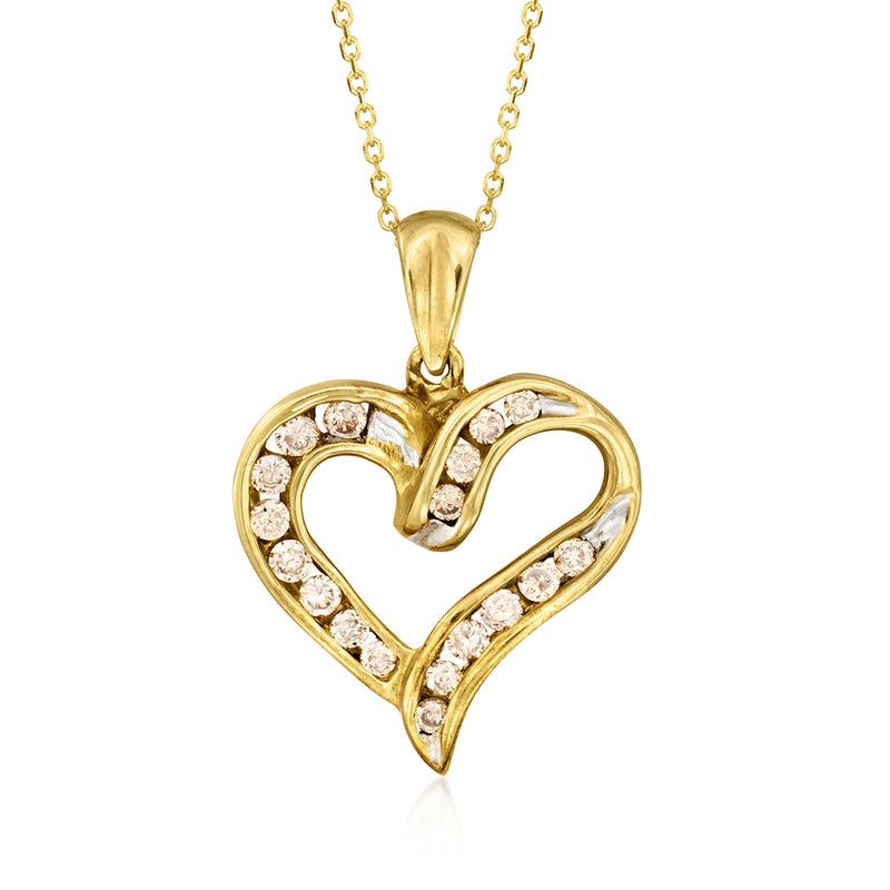 Vintage heart diamond pendant necklace in 10kt yellow gold with round clear stones
