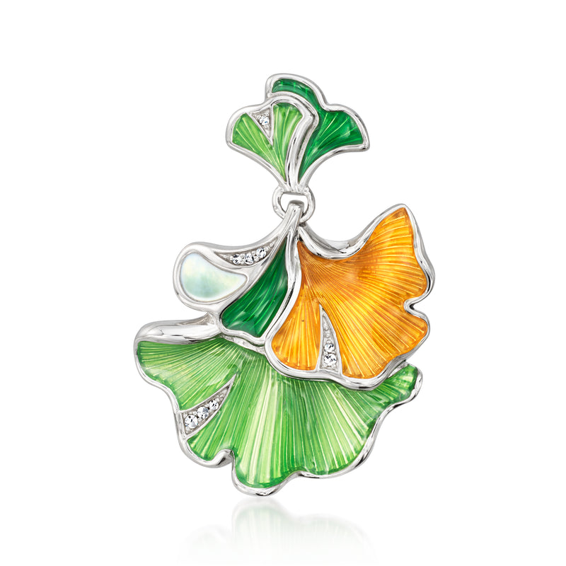 Sterling silver ginkgo pendant with green and orange enamel and mother-of-pearl CZ accents